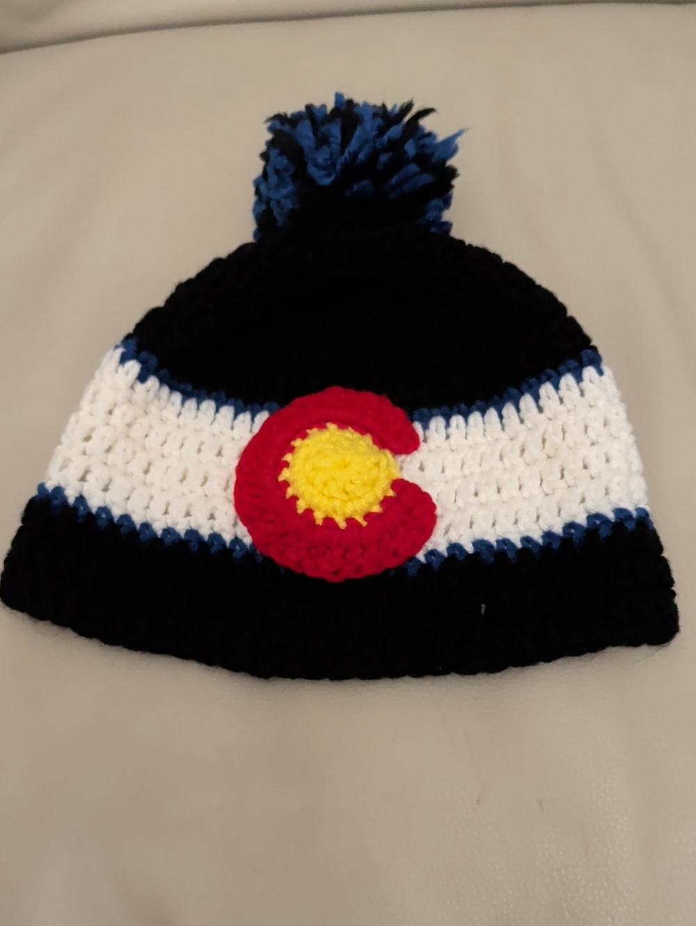 Kids Pom Beanie with Colorado State Flag 'C' Accent - Crochet Handmade Ski